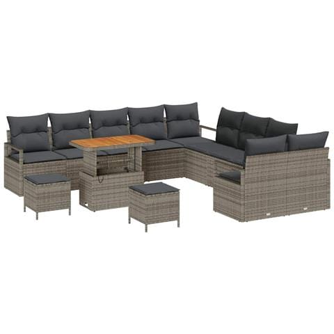 Set di Sofà da Giardino  da 13 Pezzi con Cuscini Grigio Polyrattan Acacia, Sofà da Giardino a 2 Posti  con Contenitore e Cuscini Grigio Polyrattan, Set da Pranzo da Giardino a 3 Pezzi con Cuscini Grigio Polyrattan Acacia - Foto 1