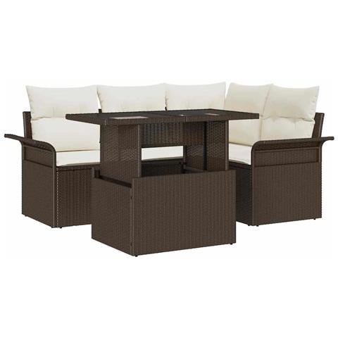 Set Divano da Giardino  5 Pezzi con Cuscini Marrone Poly Rattan, Divano da Giardino  2 Posti con Spazio di Stoccaggio e Cuscini Marrone Poly Rattan - Foto 1