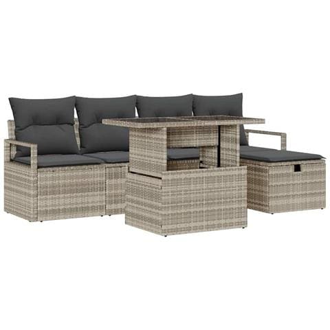 Set Divano da Giardino 6 Pezzi con Cuscini Grigio Chiaro in Polyrattan,  Divano da Giardino 2 Posti con Cuscini Grigio in Polyrattan - Foto 1
