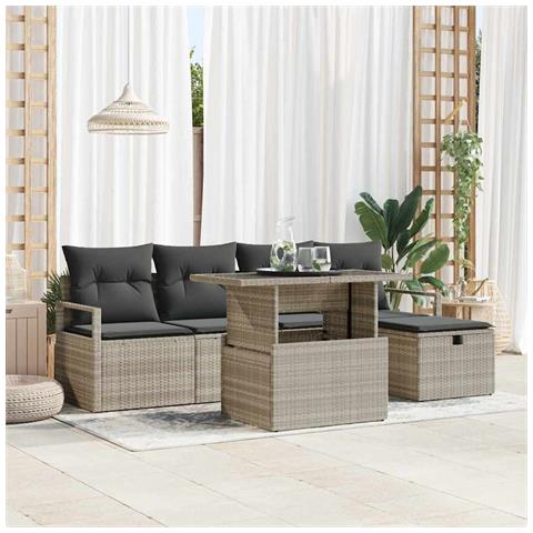 Set Divano da Giardino 6 Pezzi con Cuscini Grigio Chiaro in Polyrattan,  Divano da Giardino 2 Posti con Cuscini Grigio in Polyrattan - Foto 2