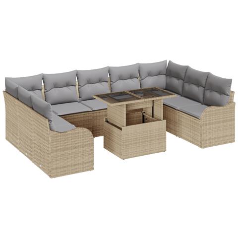 Set di Sofà da Giardino  da 10 pezzi con Cuscini in Rattan Poliestere Beige, Sofà da Giardino 2 Posti  con Cuscini in Rattan Poliestere Beige - Foto 1
