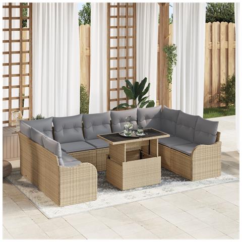 Set di Sofà da Giardino  da 10 pezzi con Cuscini in Rattan Poliestere Beige, Sofà da Giardino 2 Posti  con Cuscini in Rattan Poliestere Beige - Foto 2