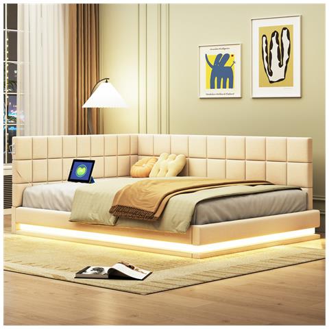 Letto Imbottito Divano Letto 140x200cm, Letto Multifunzionale Con Striscia Luminosa A Led, Presa Usb E Rete A Doghe, Tessuto In Velluto, Beige - Foto 2