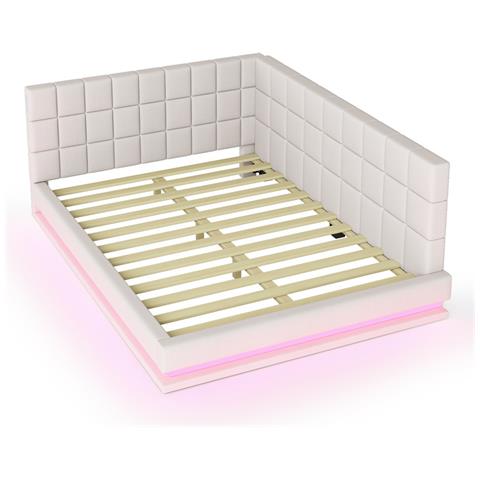 Letto Imbottito Divano Letto 140x200cm, Letto Multifunzionale Con Striscia Luminosa A Led, Presa Usb E Rete A Doghe, Tessuto In Velluto, Beige - Foto 4