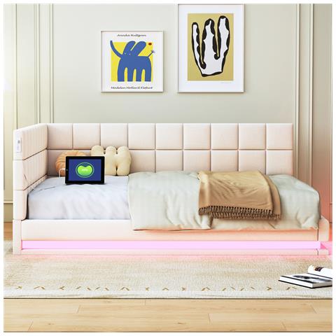Letto Imbottito Divano Letto 140x200cm, Letto Multifunzionale Con Striscia Luminosa A Led, Presa Usb E Rete A Doghe, Tessuto In Velluto, Beige - Foto 1