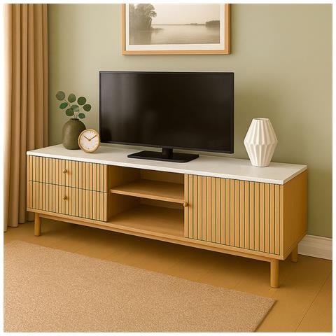 Trix Porta Tv Scanalato E Bianco Effetto Legno Con Cassetti E Armadio 150 Cm - Foto 5