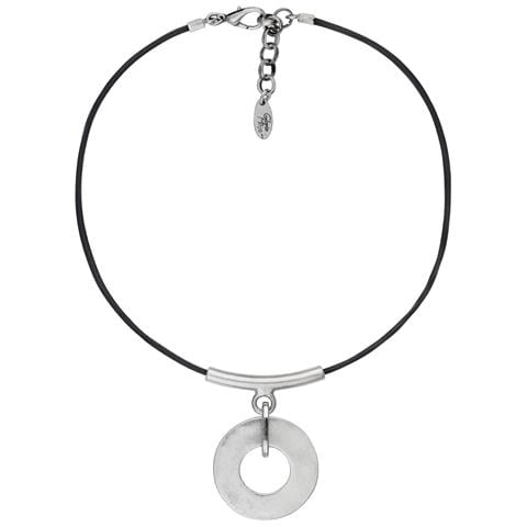 Girocollo In Pelle Nera Con Pendente A Cerchio Placcato Argento - Foto 1