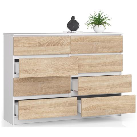 Cassettiera K140, 8 cassetti, 138x40x99 cm, Colore Bianco e Sonoma Quercia - Foto 2