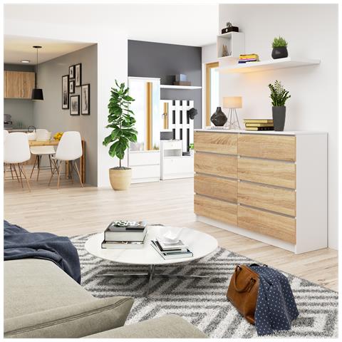 Cassettiera K140, 8 cassetti, 138x40x99 cm, Colore Bianco e Sonoma Quercia - Foto 5