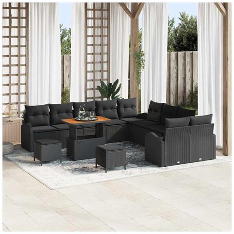 Set di Sofà da Giardino  da 13 Pezzi con Cuscini in Rattan Nero e Acacia, Set di Sofà da Giardino a 2 Posti  con Cuscini in Rattan Nero, Set di Mobili da Giardino  da 3 Pezzi con Cuscini in Rattan Nero e Acacia - Foto 2