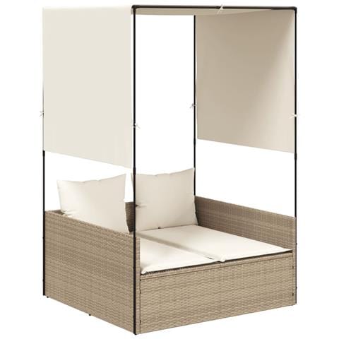 Lettino Prendisole con Tetto e Tende Beige in Polyrattan - Foto 1