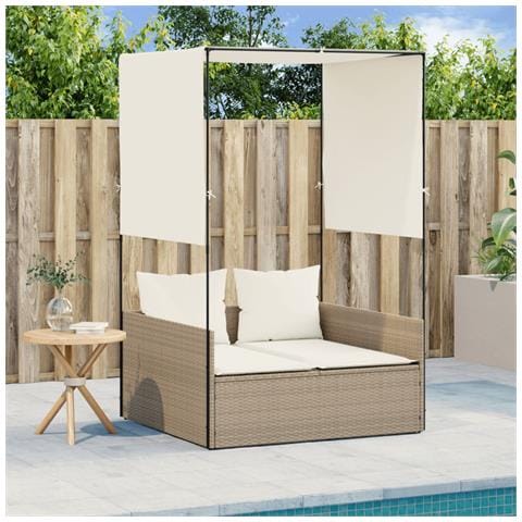 Lettino Prendisole con Tetto e Tende Beige in Polyrattan - Foto 2