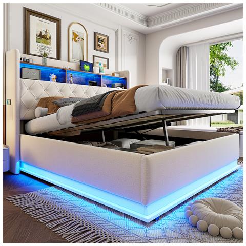 Letto Imbottito Led 180x200cm, Letto Contenitore Con Connessione Di Ricarica Usb E Spazio Di Archiviazione Idraulico, Tessuto Di Lino, Beige - Foto 1