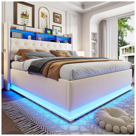 Letto Imbottito Led 180x200cm, Letto Contenitore Con Connessione Di Ricarica Usb E Spazio Di Archiviazione Idraulico, Tessuto Di Lino, Beige - Foto 2