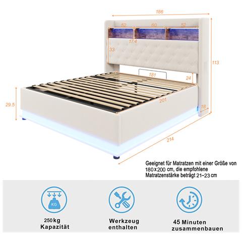 Letto Imbottito Led 180x200cm, Letto Contenitore Con Connessione Di Ricarica Usb E Spazio Di Archiviazione Idraulico, Tessuto Di Lino, Beige - Foto 4