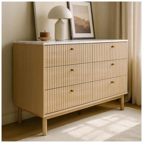 Brox Credenza A 6 Cassetti Con Legno Scanalato E Effetto Marmo 120 Cm - Foto 2