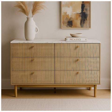 Brox Credenza A 6 Cassetti Con Legno Scanalato E Effetto Marmo 120 Cm - Foto 1