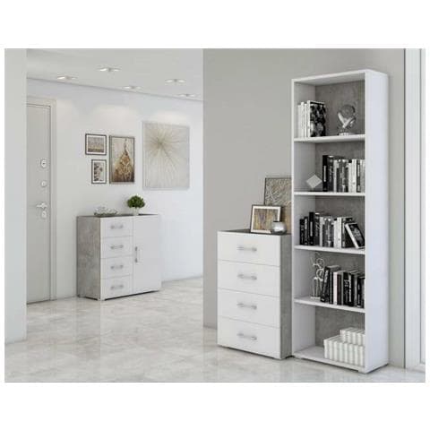 Libreria Girasole, Biblioteca A 4 Ripiani Regolabili, Scaffale Per Libri, Mobile Da Parete Con Ripiani, 100% Made In Italy, 60x30h195 Cm, Bianco E Cemento - Foto 1