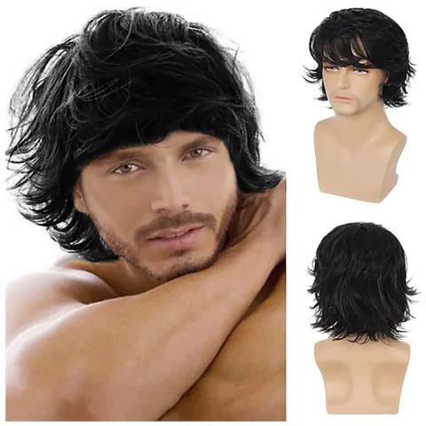 Parrucca Da Uomo Capelli Corti E Ricci Con Frangia Laterale Black - Foto 1