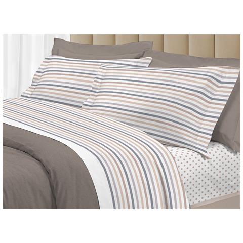 Completo Lenzuola Letto 100% Cotone Italy 3027 Disegno Riga Dots Matrimoniale Beige - Foto 1