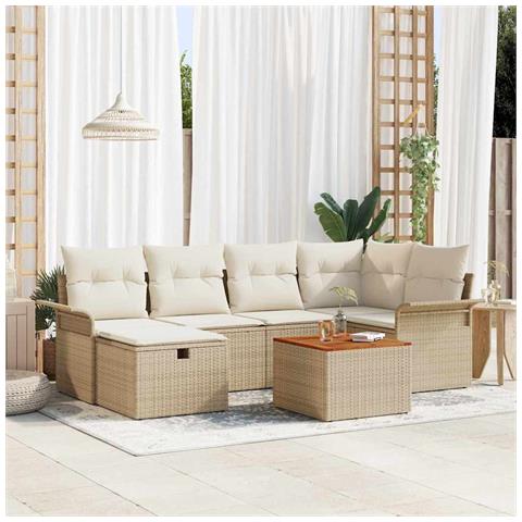 Set di divani da giardino  7 pezzi con cuscini beige in polyrattan, Divano da giardino  per 2 persone con spazio di stoccaggio e cuscini beige in polyrattan - Foto 2