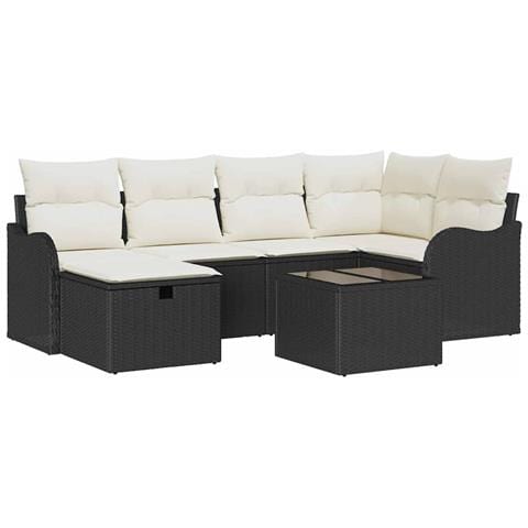 Set di Divani da Giardino 7 Pezzi con Cuscini Rattan Nero, Divano da Giardino per 2 Persone con Cuscini Rattan Nero - Foto 1