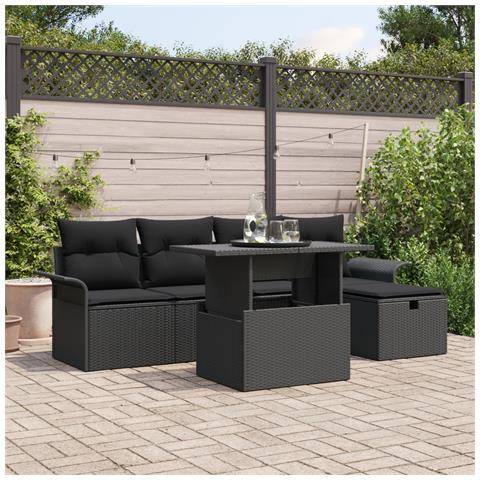 Set di Divani da Giardino da 6 Pezzi con Cuscini Nero Polyrattan - Foto 2