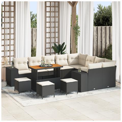Set di Sofà da Giardino  da 13 Pezzi con Cuscini Nero Rattan Poliestere, Set da Pranzo da Giardino  da 4 Pezzi con Cuscini Nero Rattan Poliestere - Foto 2