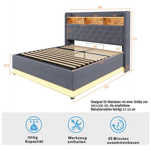 Letto Imbottito Led 180x200cm, Letto Contenitore Con Connessione Di Ricarica Usb E Spazio Di Archiviazione Idraulico, Tessuto Di Lino, Grigio - Foto 2