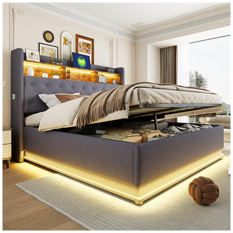 Letto Imbottito Led 180x200cm, Letto Contenitore Con Connessione Di Ricarica Usb E Spazio Di Archiviazione Idraulico, Tessuto Di Lino, Grigio - Foto 1