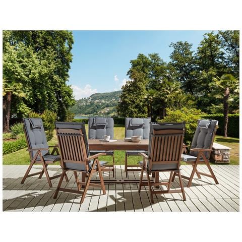 Set Da Giardino Con 6 Sedie Legno Di Acacia Scuro Con Cuscini Grigi Amantea - Foto 1