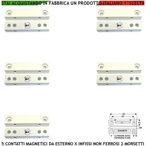 Sensore Magnetico Da Esterno 5 Pezzi Antifurto Contatto Reed Sottovuoto Uscita Nc Sensibilità Magnetica 13 Mm Tensione - Foto 1