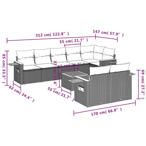 Set Divano Da Giardino 9 Pz Con Cuscini Grigio In Polyrattan - Foto 3