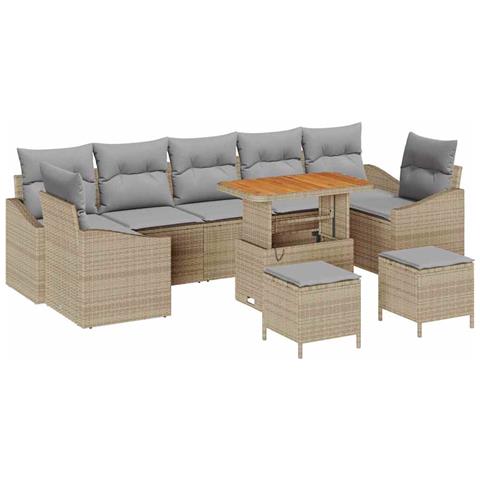 Set da giardino con cuscini di 10 pezzi beige in polirattan acacia, Divano da giardino a 2 posti con spazio di stoccaggio e cuscini beige in polirattan, Set da pranzo da giardino di 3 pezzi con cuscini beige in polirattan acacia - Foto 1