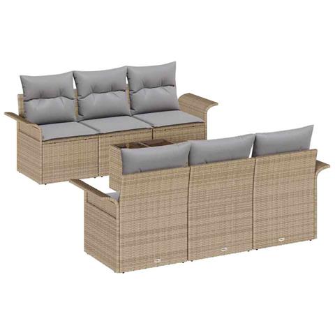 Set di divani da giardino 7 pezzi con cuscini beige in rattan sintetico, Divano da giardino a 2 posti con ripostiglio e cuscini beige in rattan sintetico - Foto 1