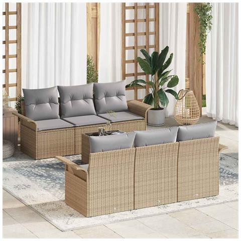 Set di divani da giardino 7 pezzi con cuscini beige in rattan sintetico, Divano da giardino a 2 posti con ripostiglio e cuscini beige in rattan sintetico - Foto 2