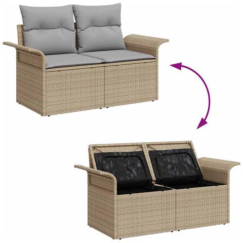Set di divani da giardino 7 pezzi con cuscini beige in rattan sintetico, Divano da giardino a 2 posti con ripostiglio e cuscini beige in rattan sintetico - Foto 9