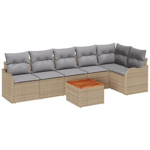 Set di Divani da Giardino 7 Pezzi con Cuscini Beige Polyrattan Acacia, Divano da Giardino 2 Posti con Cuscini Beige Polyrattan - Foto 1