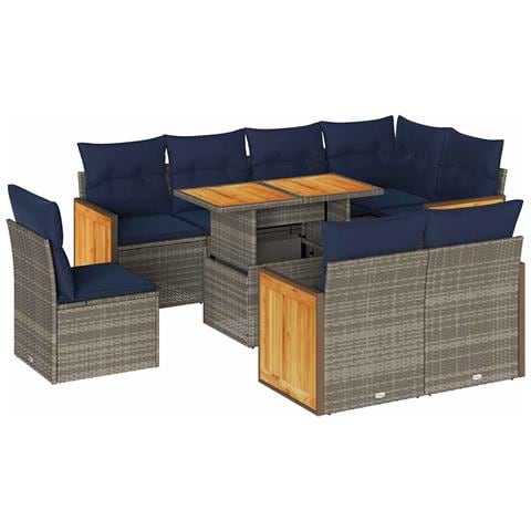 Set Divano da Giardino 9pz con Cuscini Grigio Polyrattan Acacia - Foto 1