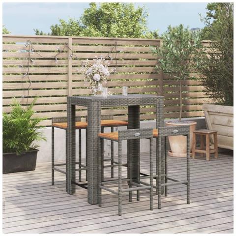 Set Bar Giardino 5pz Grigio Polyrattan e Legno Massello Acacia - Foto 2