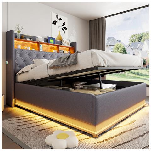 Letto Imbottito Led 160x200cm, Letto Contenitore Con Connessione Di Ricarica Usb E Spazio Di Archiviazione Idraulico, Tessuto Di Lino, Grigio - Foto 1