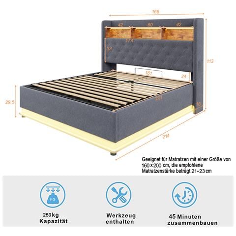 Letto Imbottito Led 160x200cm, Letto Contenitore Con Connessione Di Ricarica Usb E Spazio Di Archiviazione Idraulico, Tessuto Di Lino, Grigio - Foto 2