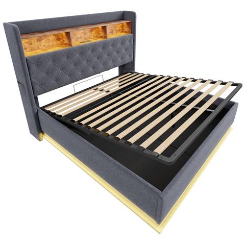 Letto Imbottito Led 160x200cm, Letto Contenitore Con Connessione Di Ricarica Usb E Spazio Di Archiviazione Idraulico, Tessuto Di Lino, Grigio - Foto 4