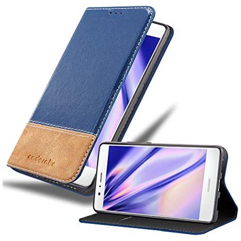 Custodia Compatibile Con Huawei P9 Lite In Blu Scuro Marrone - Coperchio Protettiva Con Chiusura Magnetica, Funzione Stand E Tasca Per Le Carte - Foto 1