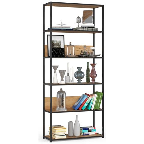 Scaffale stile loft con ripiani in legno, 6 ripiani, 80x32x192 cm, Colore Nero e Quarcia Craft - Foto 1