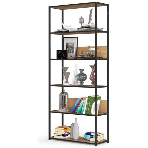 Scaffale stile loft con ripiani in legno, 6 ripiani, 80x32x192 cm, Colore Nero e Quarcia Craft - Foto 2
