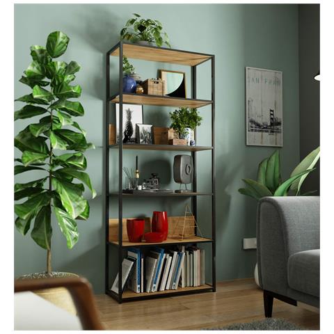 Scaffale stile loft con ripiani in legno, 6 ripiani, 80x32x192 cm, Colore Nero e Quarcia Craft - Foto 5