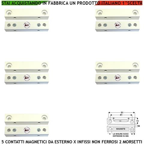 Rilevatore Magnetico Esterno 5 Pezzi Allarme Infissi Non Ferrosi Contatto Reed Uscita Nc 2 Morsetti Sensibilità Magnet - Foto 1