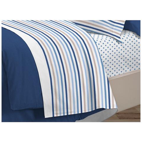 Completo Lenzuola Letto 100% Cotone Italy 3027 Disegno Riga Dots Matrimoniale Blu - Foto 2