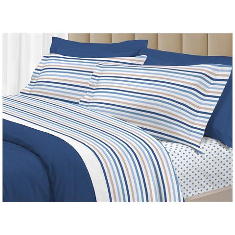 Completo Lenzuola Letto 100% Cotone Italy 3027 Disegno Riga Dots Matrimoniale Blu - Foto 1
